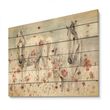 watercolors Pink Wild Horses - Farmhouse Print on Natural Pine Wood