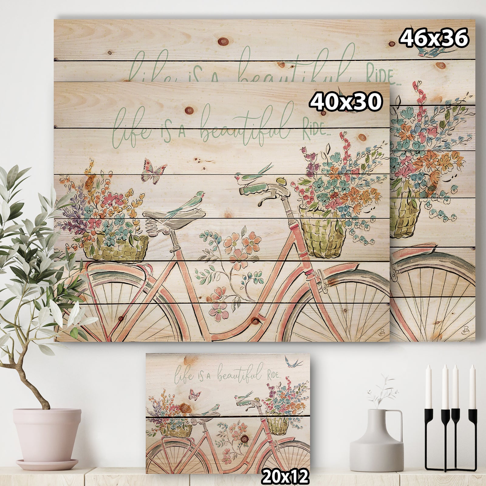 Spring Bike Bouquet - French Country Print on Natural Pine Wood