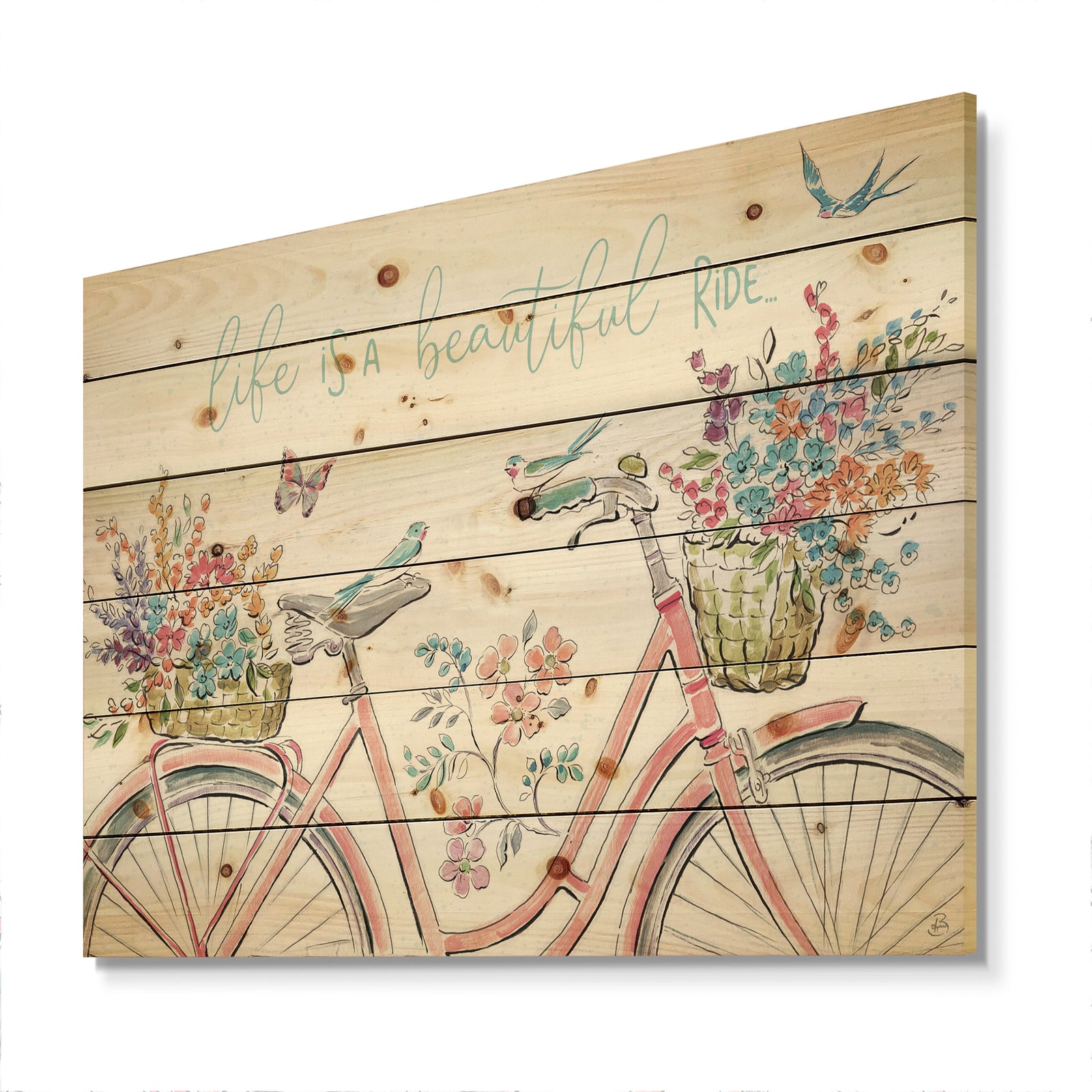 Spring Bike Bouquet - French Country Print on Natural Pine Wood