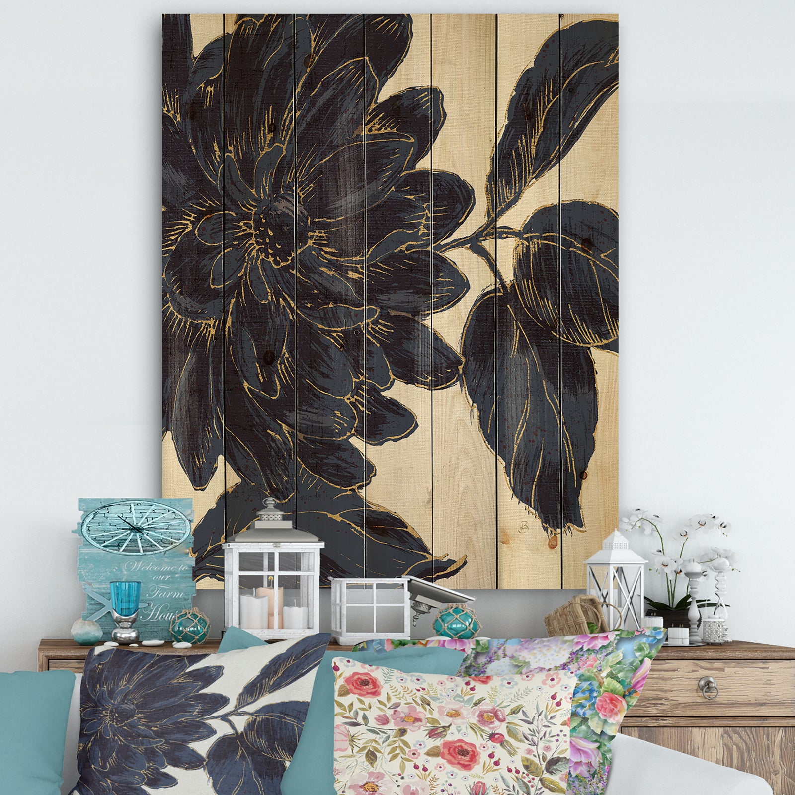 Indigo Gold Metallic Flower - Traditional Print on Natural Pine Wood