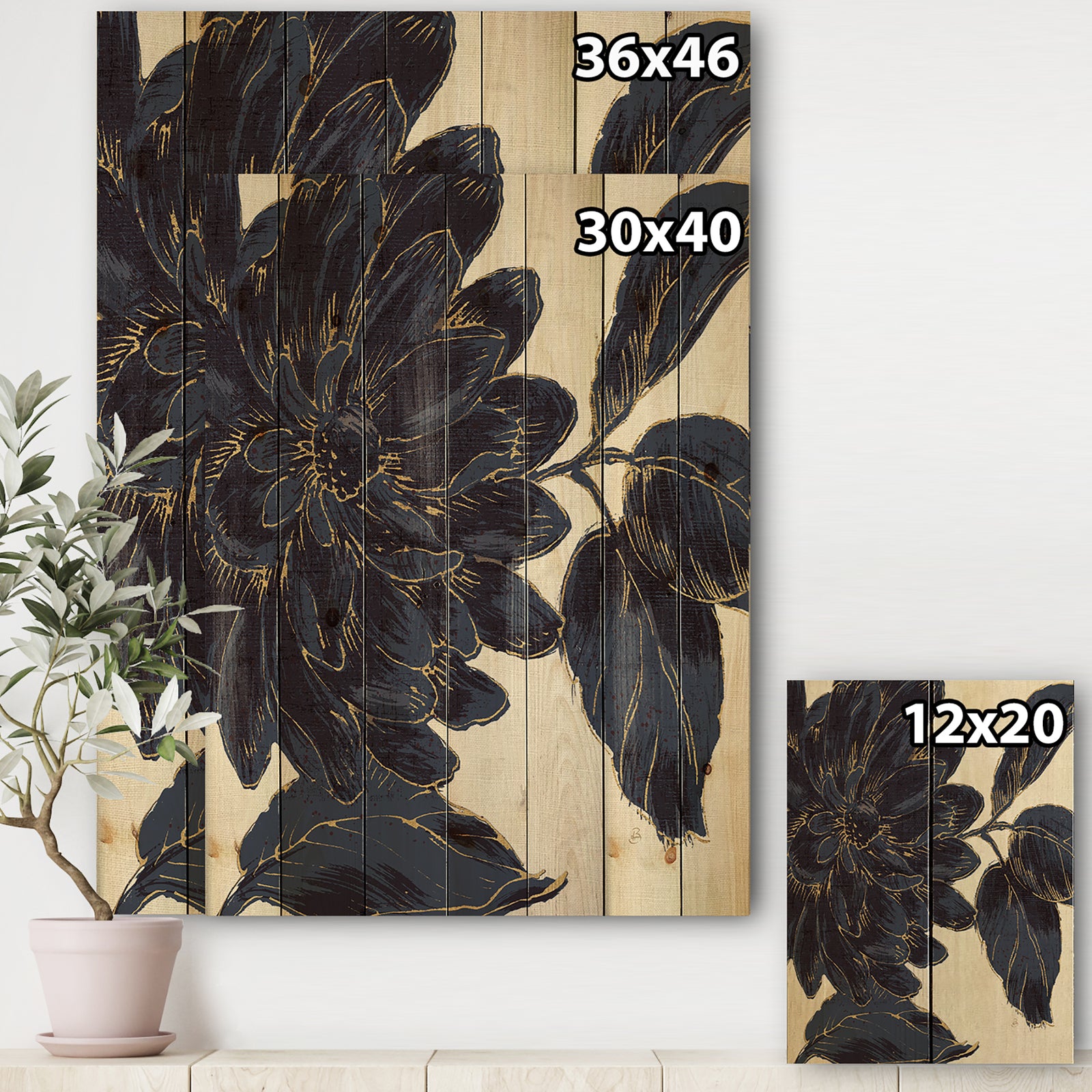 Indigo Gold Metallic Flower - Traditional Print on Natural Pine Wood