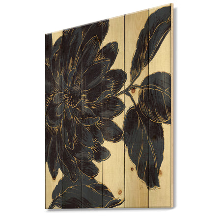 Indigo Gold Metallic Flower - Traditional Print on Natural Pine Wood