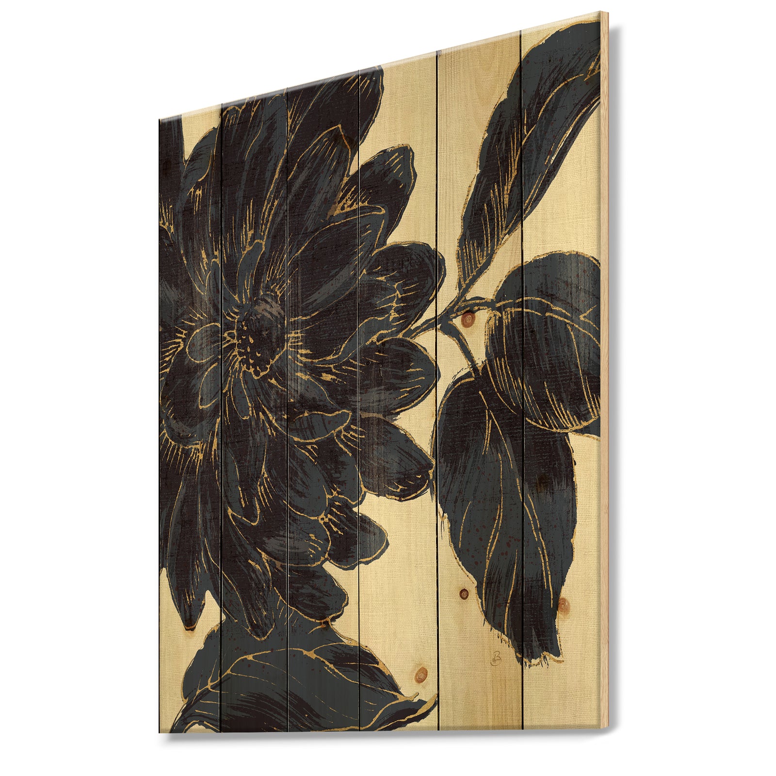 Indigo Gold Metallic Flower - Traditional Print on Natural Pine Wood