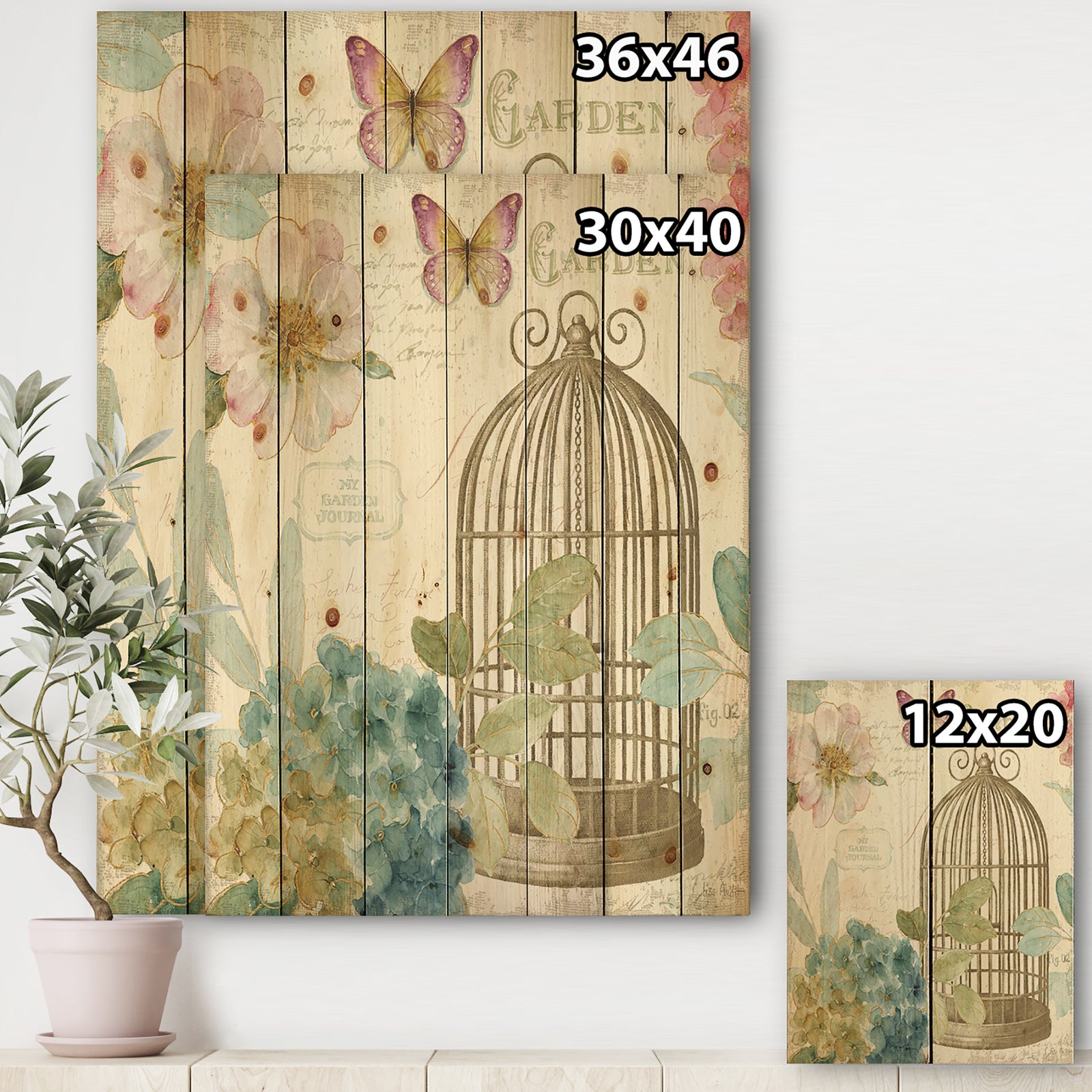 Vintage Floral Birdcage II - Traditional Print on Natural Pine Wood