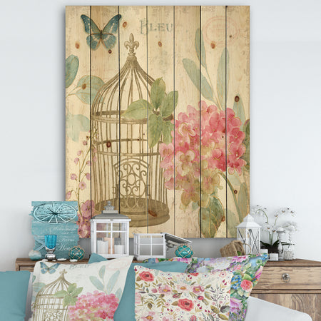 Vintage Floral Birdcage I - Traditional Print on Natural Pine Wood
