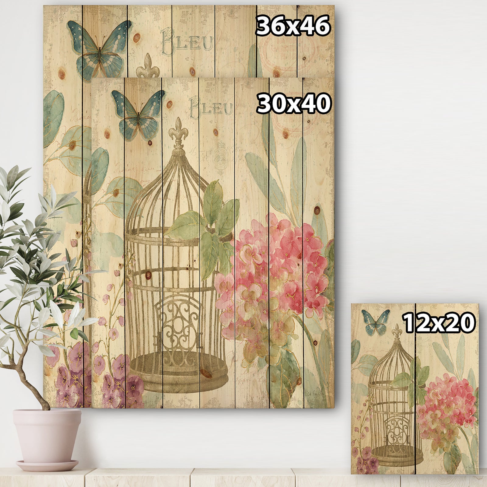 Vintage Floral Birdcage I - Traditional Print on Natural Pine Wood