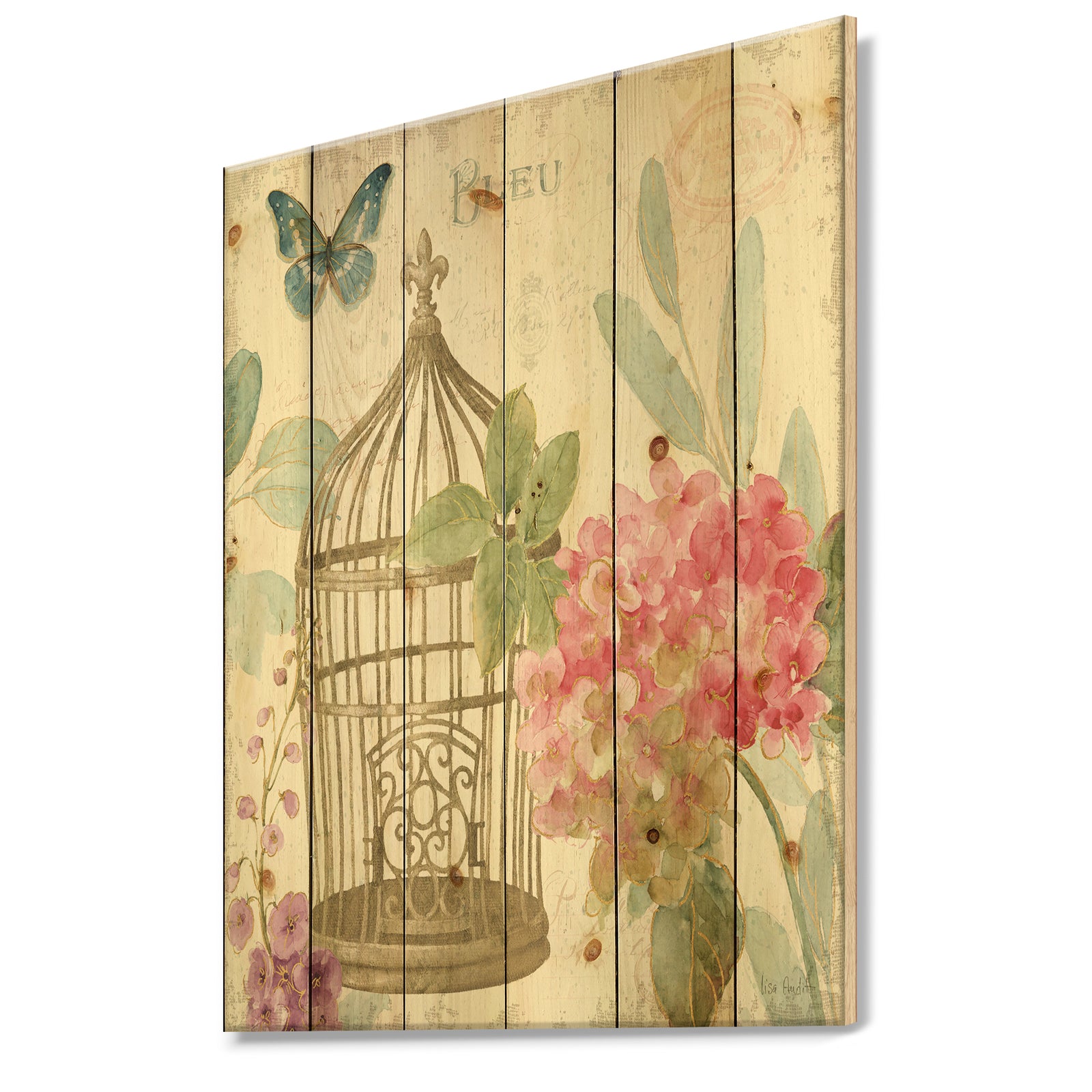 Vintage Floral Birdcage I - Traditional Print on Natural Pine Wood
