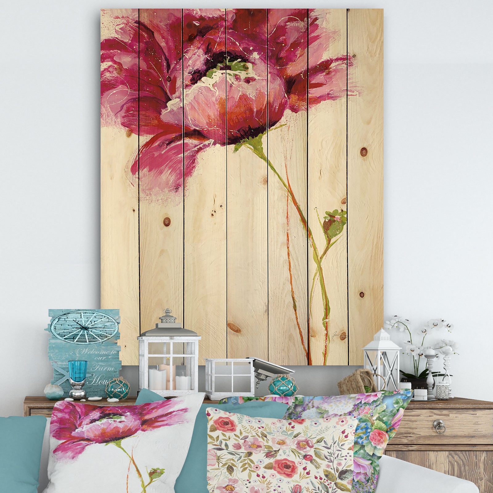Big Red Blossoms - Floral Print on Natural Pine Wood