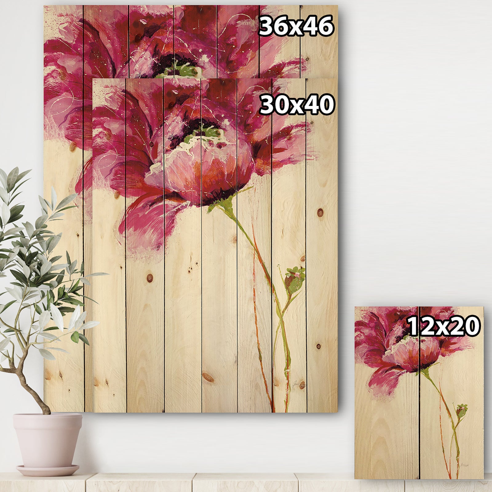 Big Red Blossoms - Floral Print on Natural Pine Wood