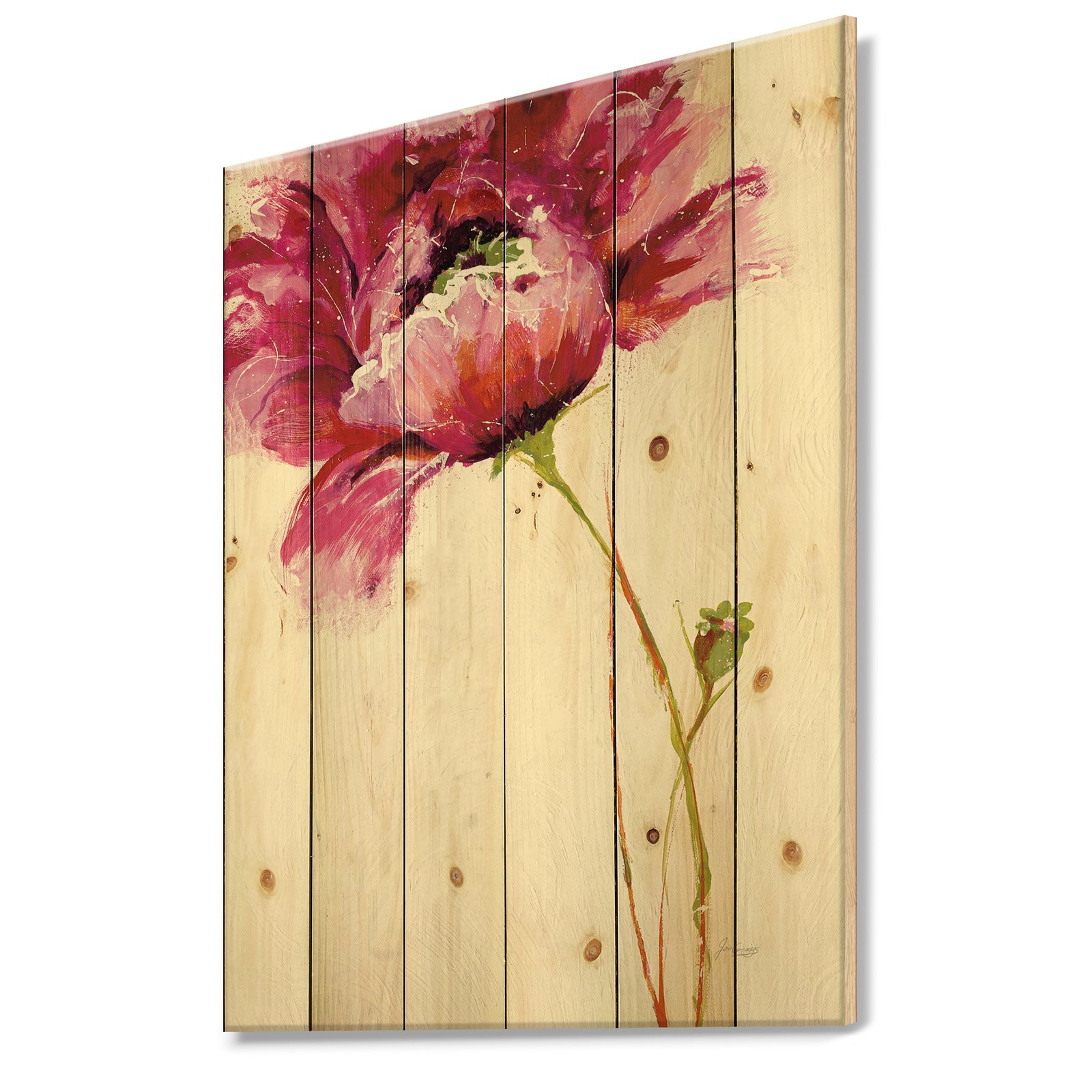 Big Red Blossoms - Floral Print on Natural Pine Wood