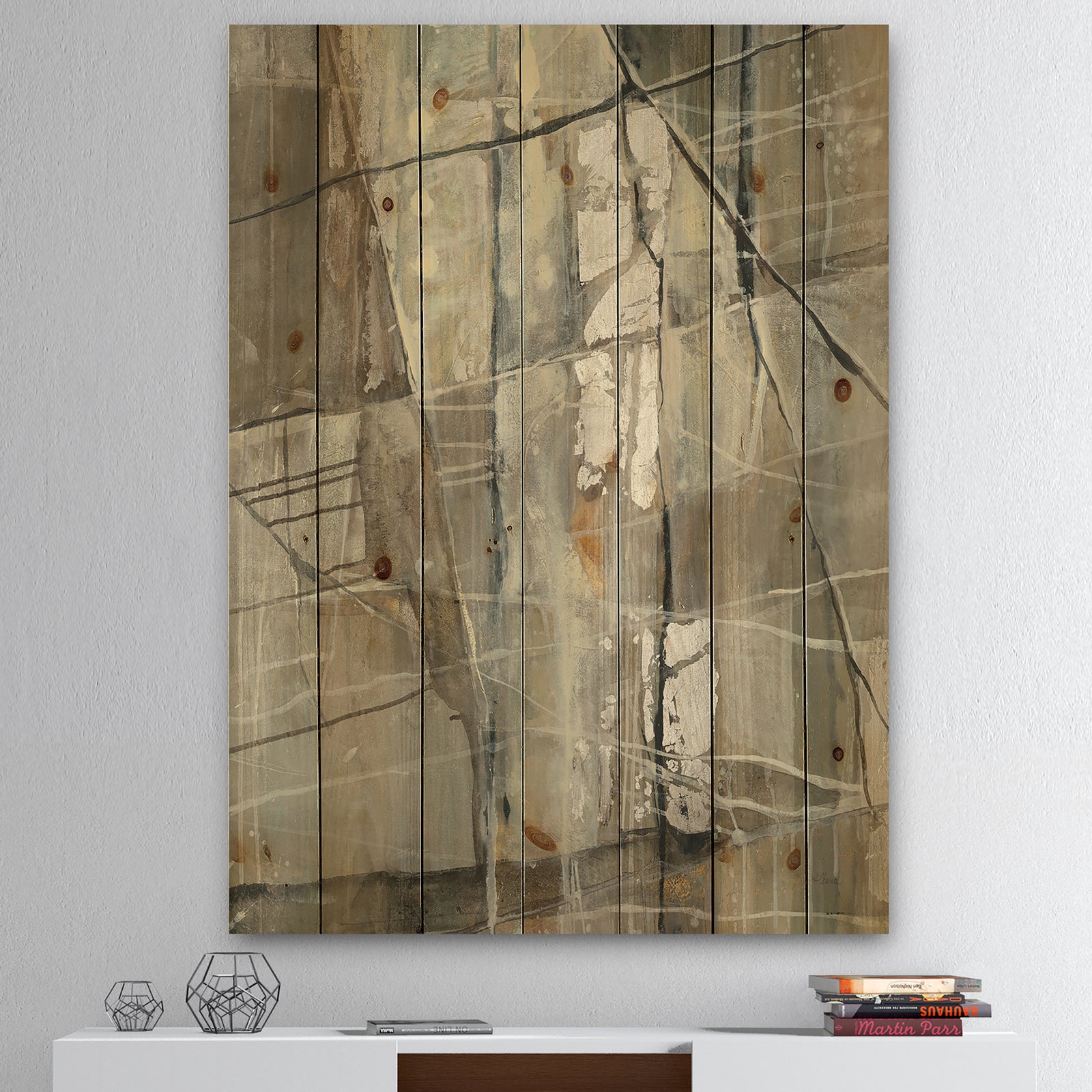 Grey Silver Geometric Composition - Modern Print on Natural Pine Wood