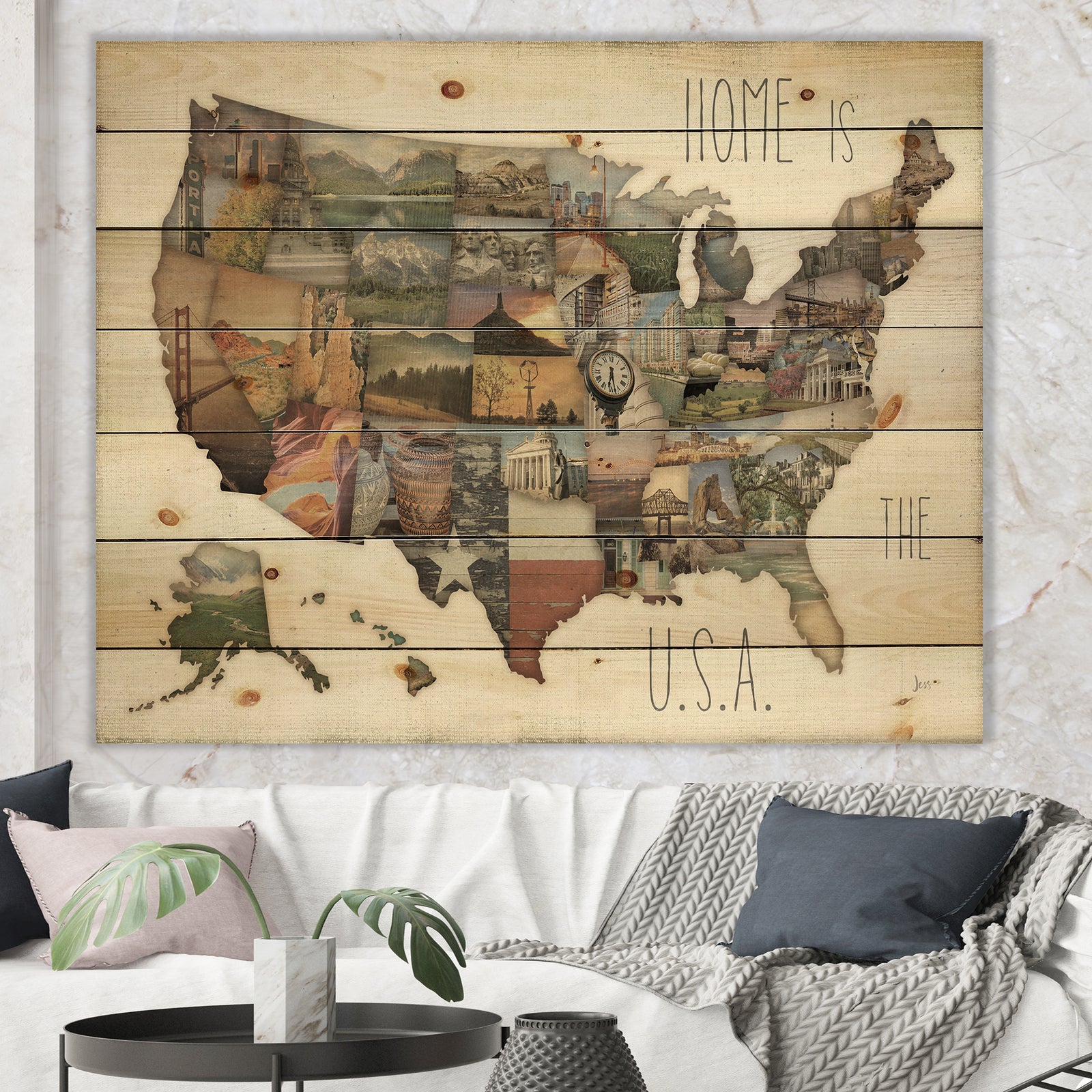InstaStates Monuments Map - Map Print on Natural Pine Wood