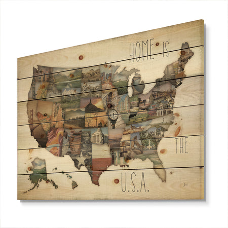 InstaStates Monuments Map - Map Print on Natural Pine Wood