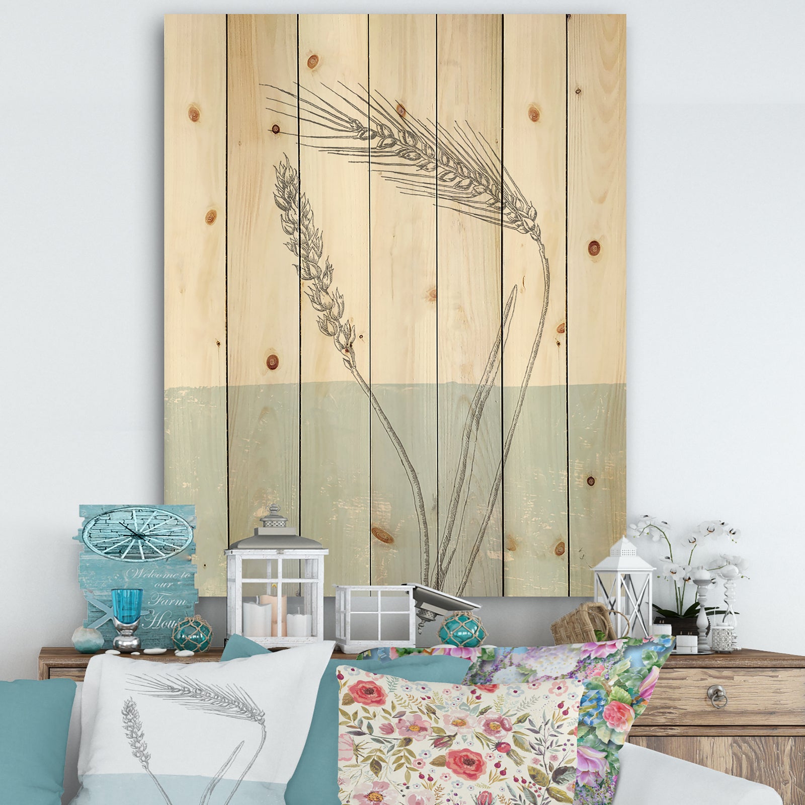 Simple Natural Element - Wheat I - Cottage Print on Natural Pine Wood