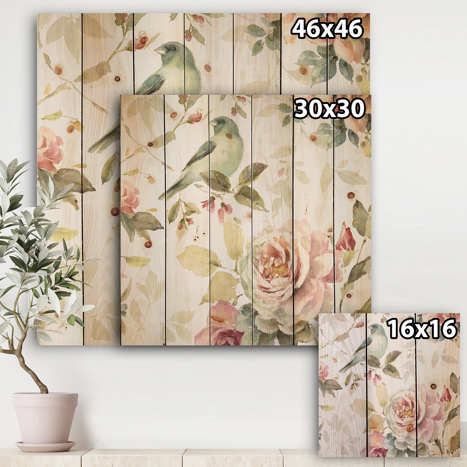 Beautiful Bird Romance II - Traditional Print on Natural Pine Wood