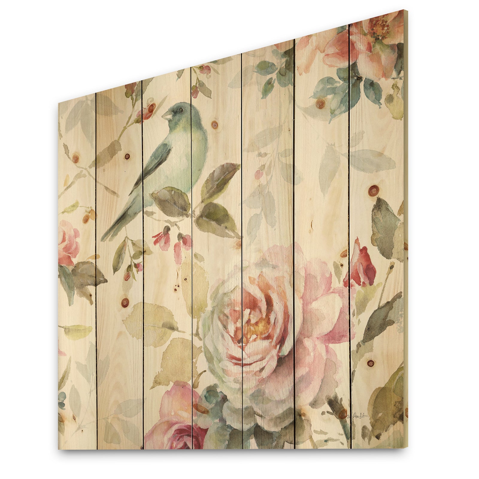 Beautiful Bird Romance II - Traditional Print on Natural Pine Wood