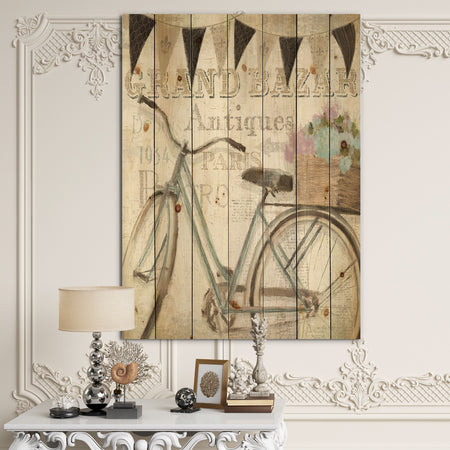 French Bicycle Flea Market II - French Country Print on Natural Pine Wood