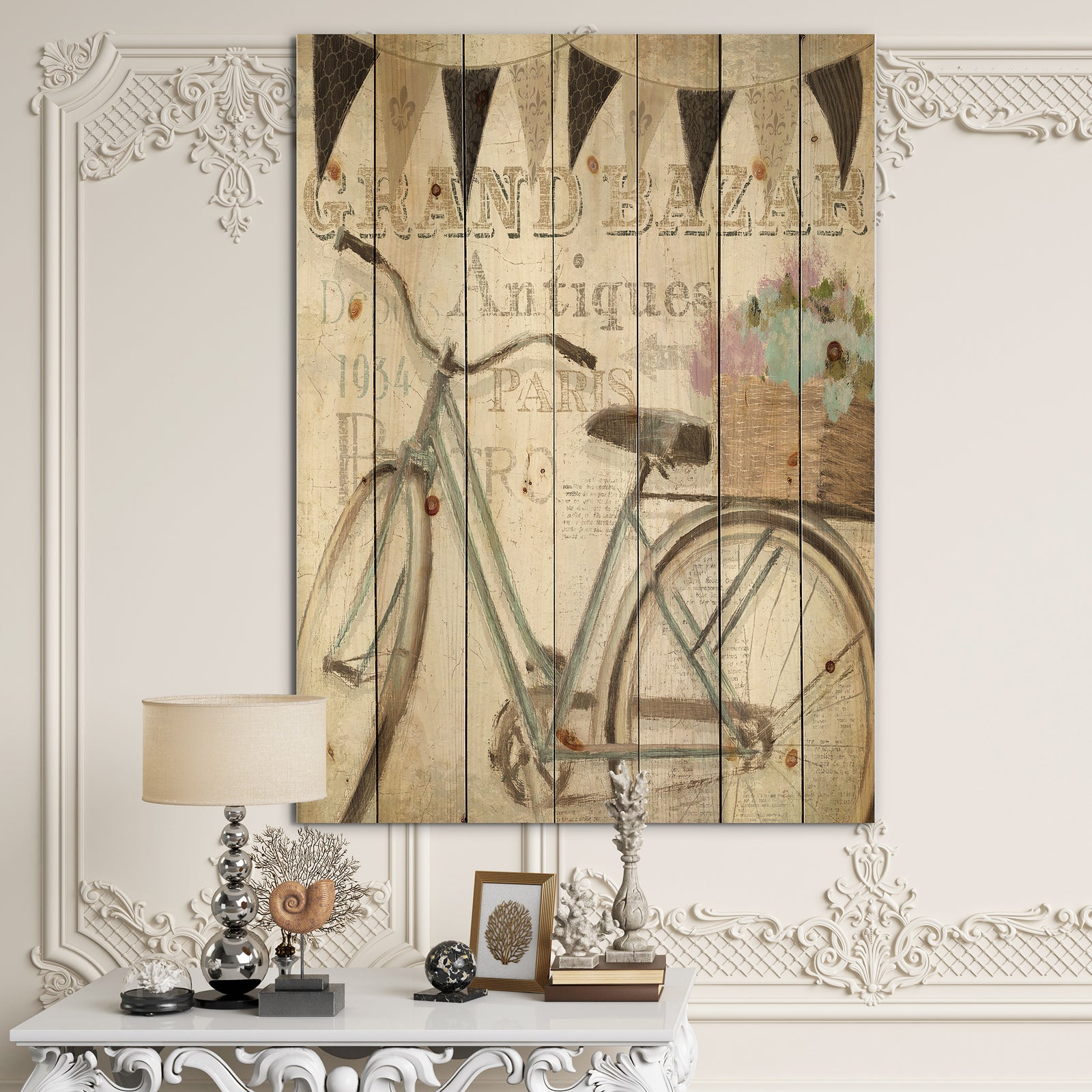 French Bicycle Flea Market II - French Country Print on Natural Pine Wood