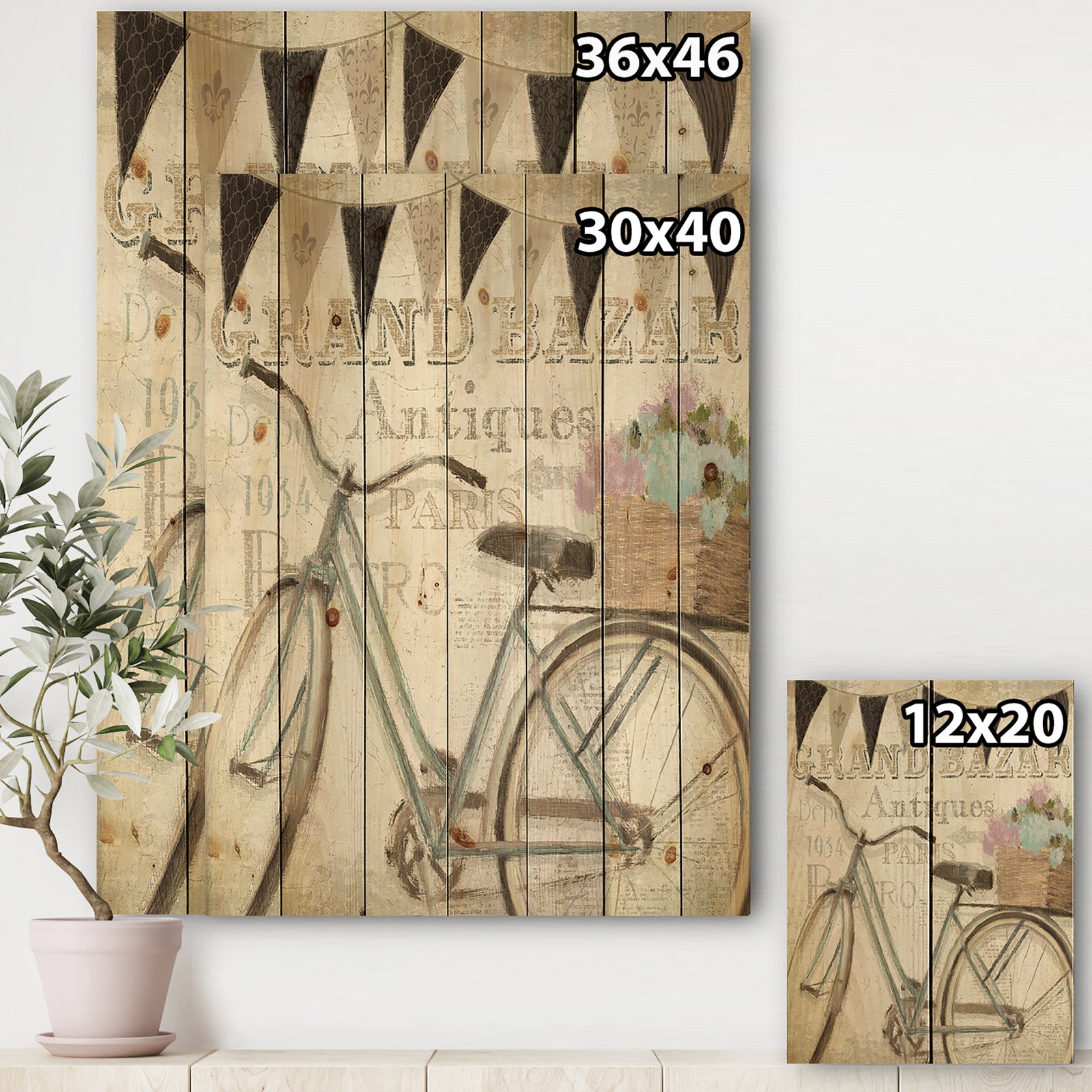 French Bicycle Flea Market II - French Country Print on Natural Pine Wood