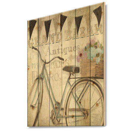 French Bicycle Flea Market II - French Country Print on Natural Pine Wood