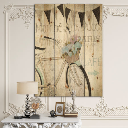 French Bicycle Flea Market I - French Country Print on Natural Pine Wood