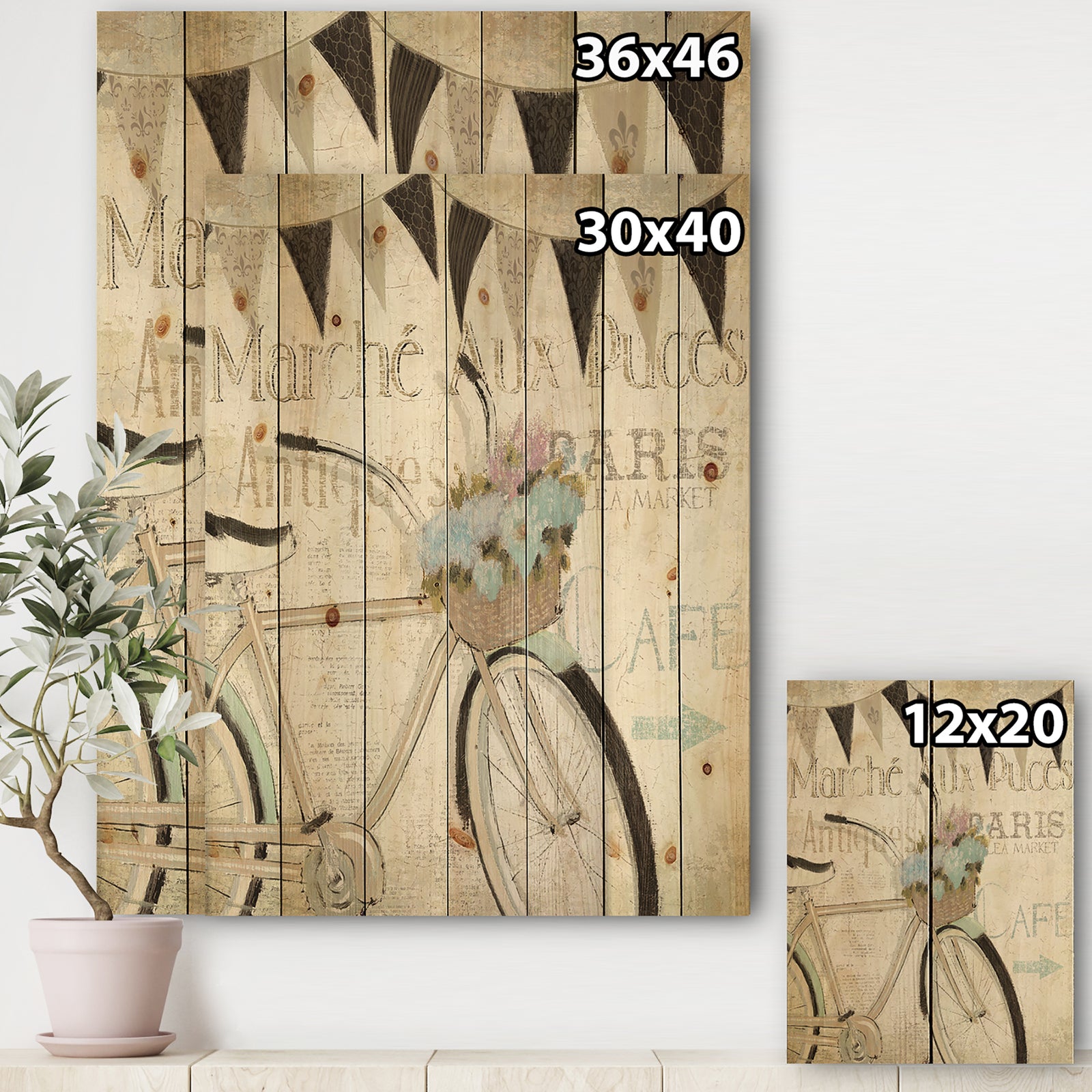 French Bicycle Flea Market I - French Country Print on Natural Pine Wood