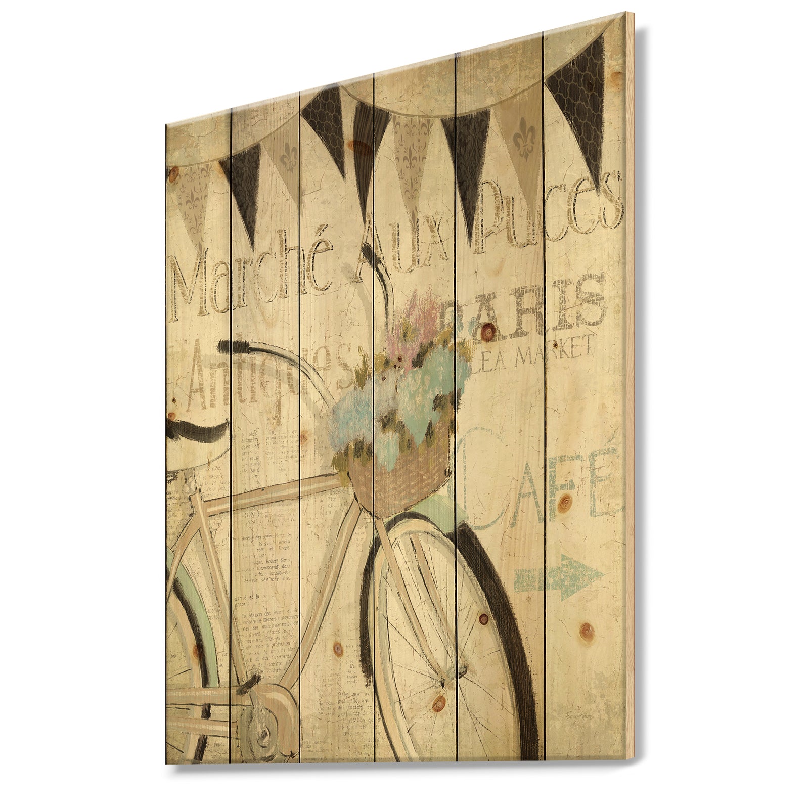 French Bicycle Flea Market I - French Country Print on Natural Pine Wood