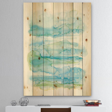 Goache of Abstract Blue and Green - Modern Print on Natural Pine Wood