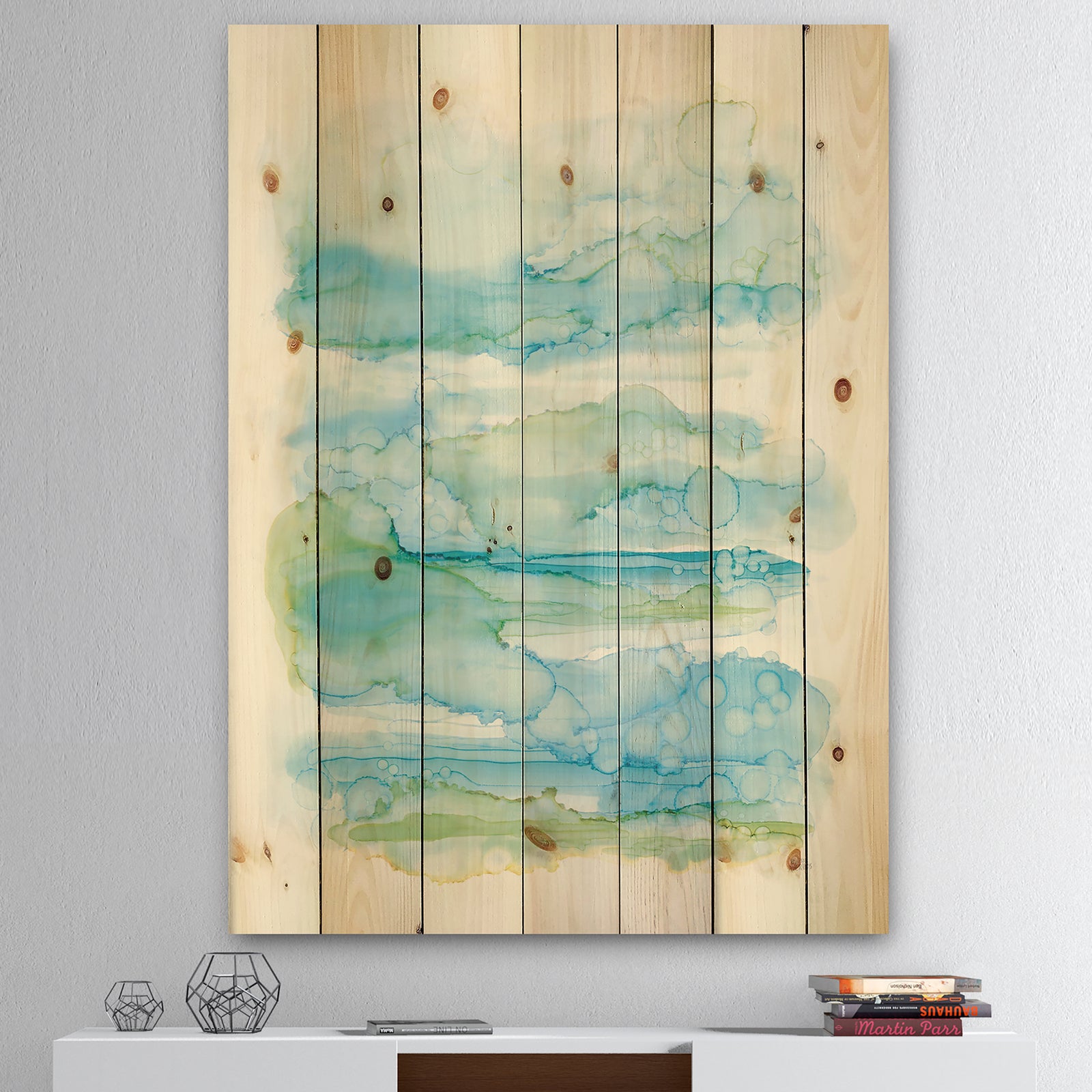 Goache of Abstract Blue and Green - Modern Print on Natural Pine Wood