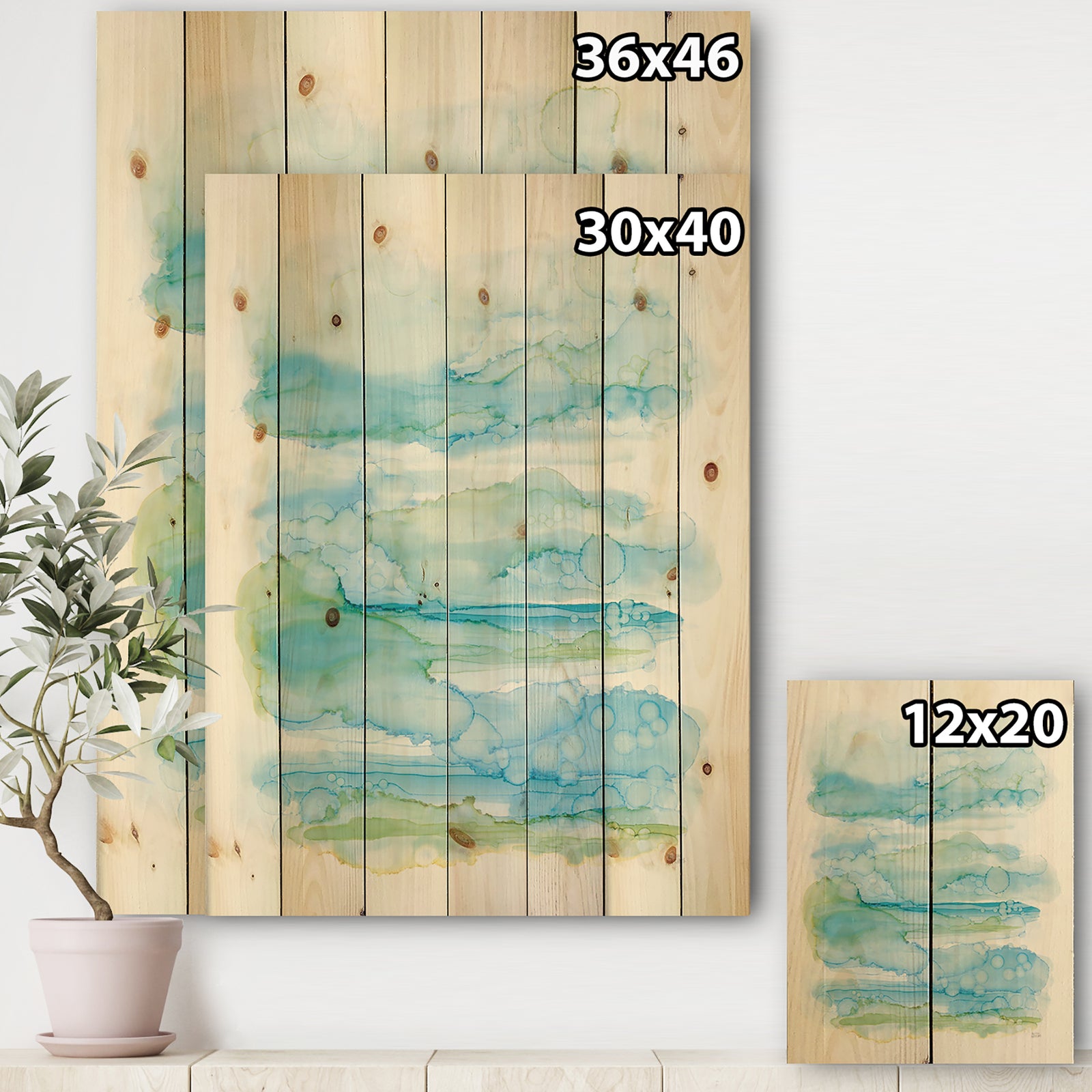 Goache of Abstract Blue and Green - Modern Print on Natural Pine Wood