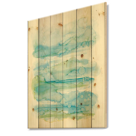 Goache of Abstract Blue and Green - Modern Print on Natural Pine Wood