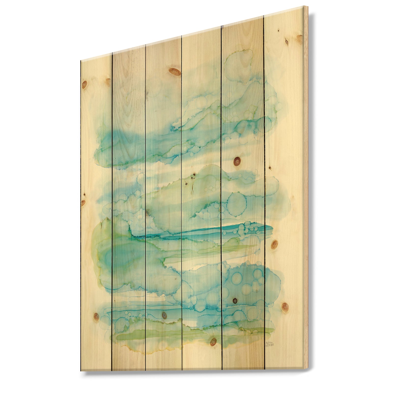 Goache of Abstract Blue and Green - Modern Print on Natural Pine Wood