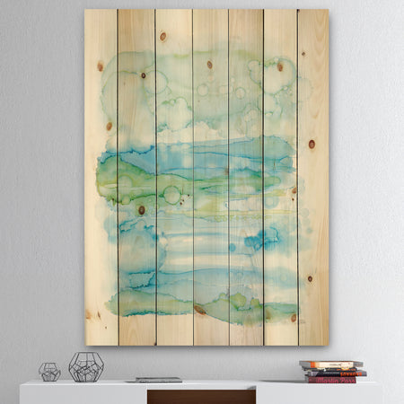 Watercolor of Abstract Blue and Green - Modern Print on Natural Pine Wood