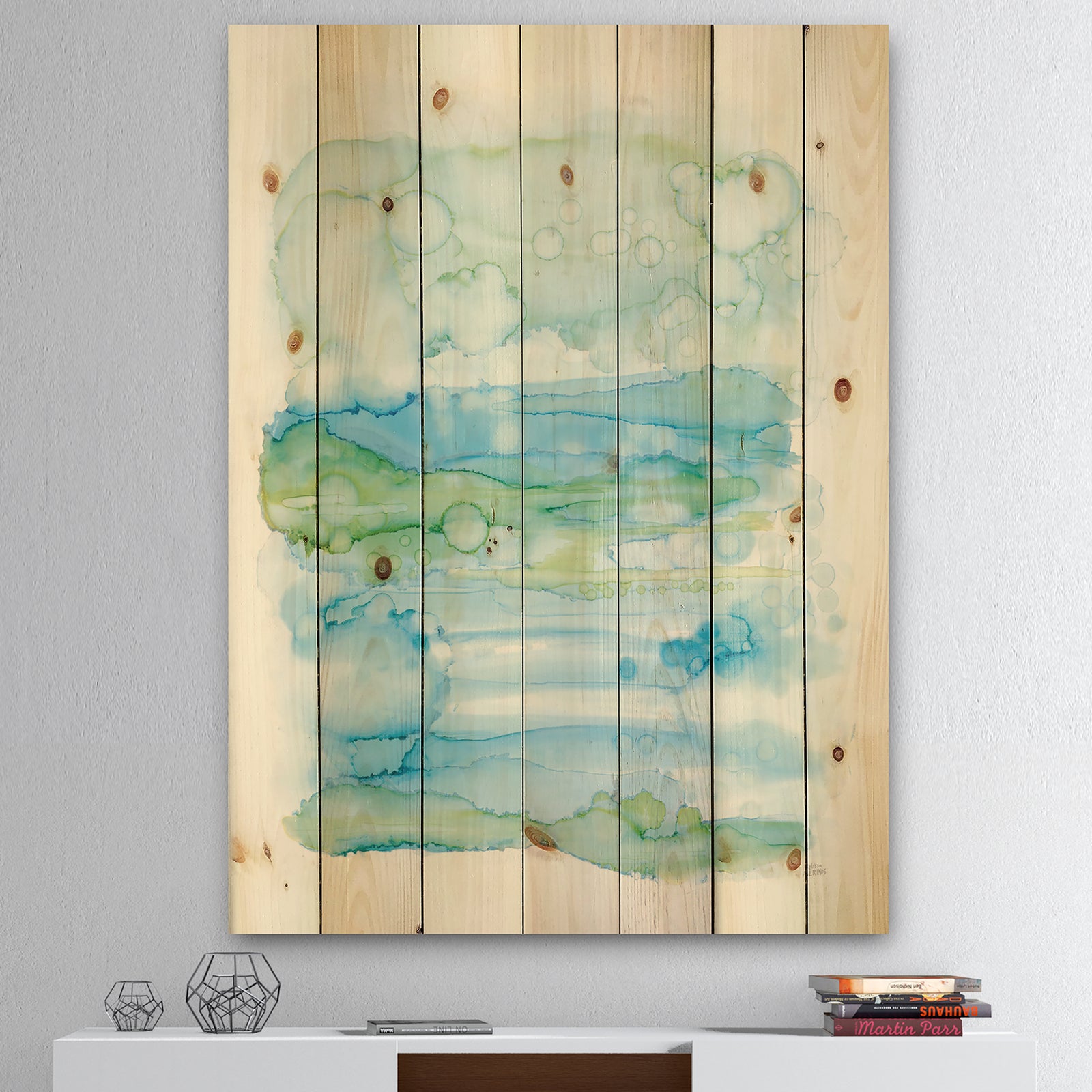 Watercolor of Abstract Blue and Green - Modern Print on Natural Pine Wood