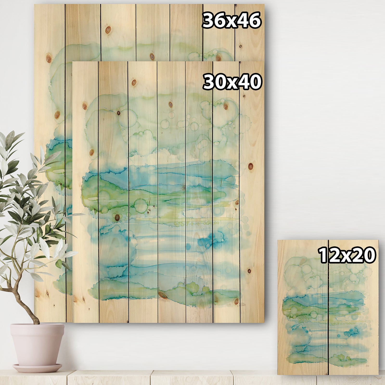Watercolor of Abstract Blue and Green - Modern Print on Natural Pine Wood