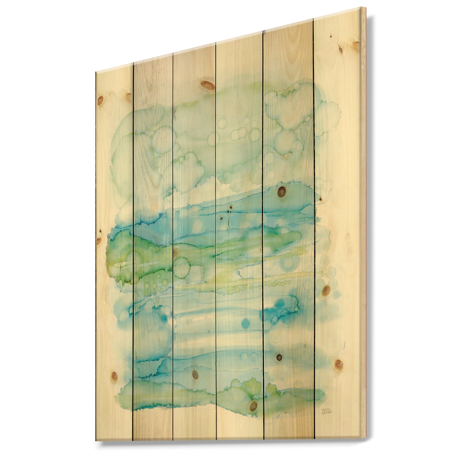 Watercolor of Abstract Blue and Green - Modern Print on Natural Pine Wood