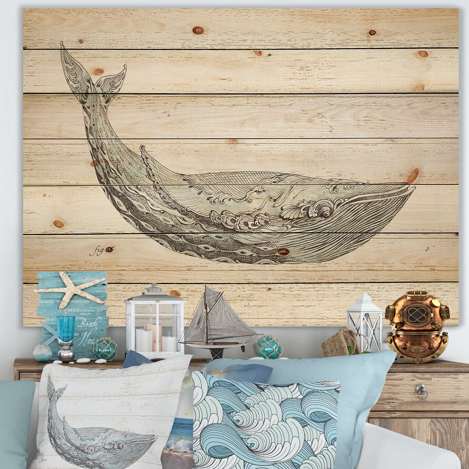 Blue Whale Watercolor - Nautical & Coastal Print on Natural Pine Wood