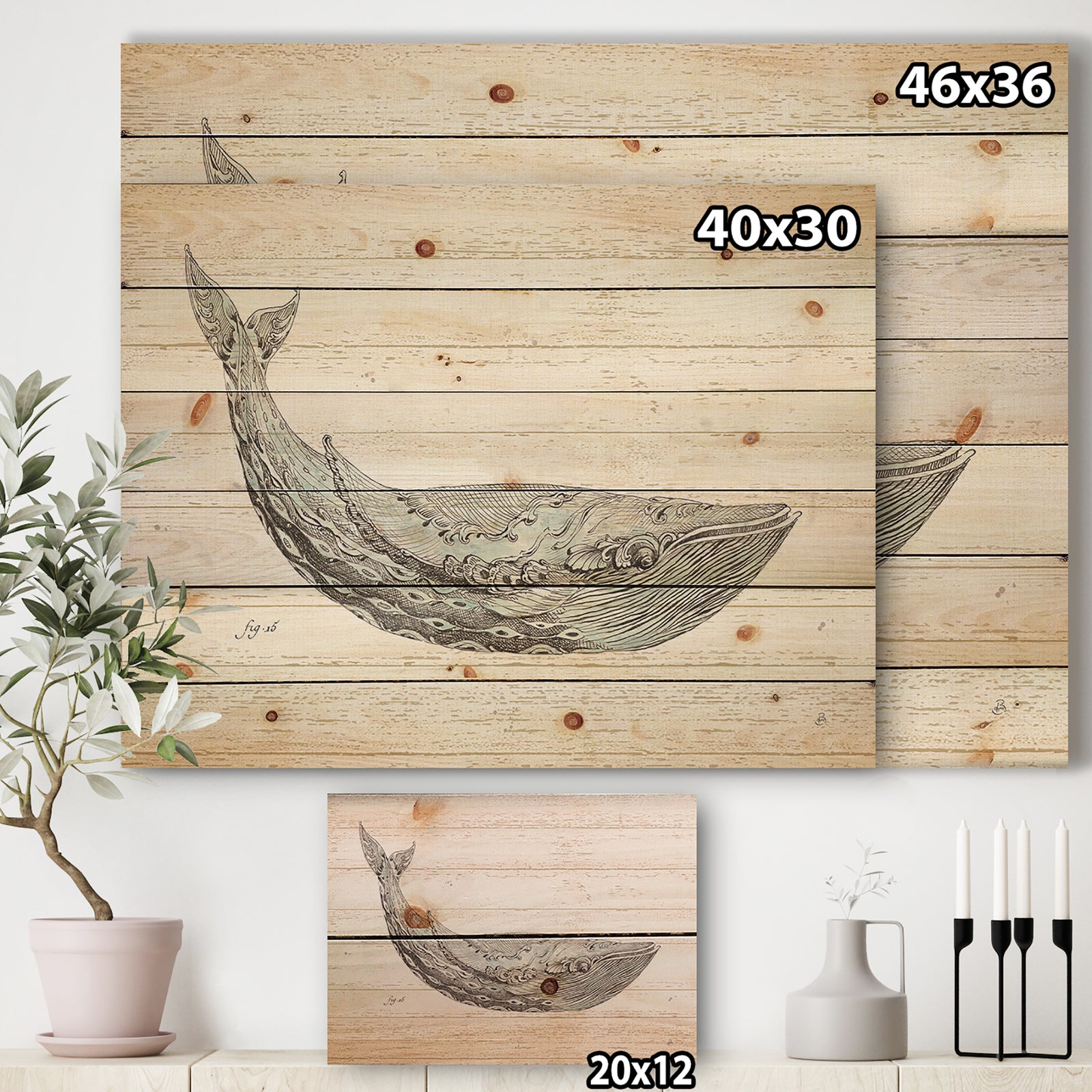 Blue Whale Watercolor - Nautical & Coastal Print on Natural Pine Wood
