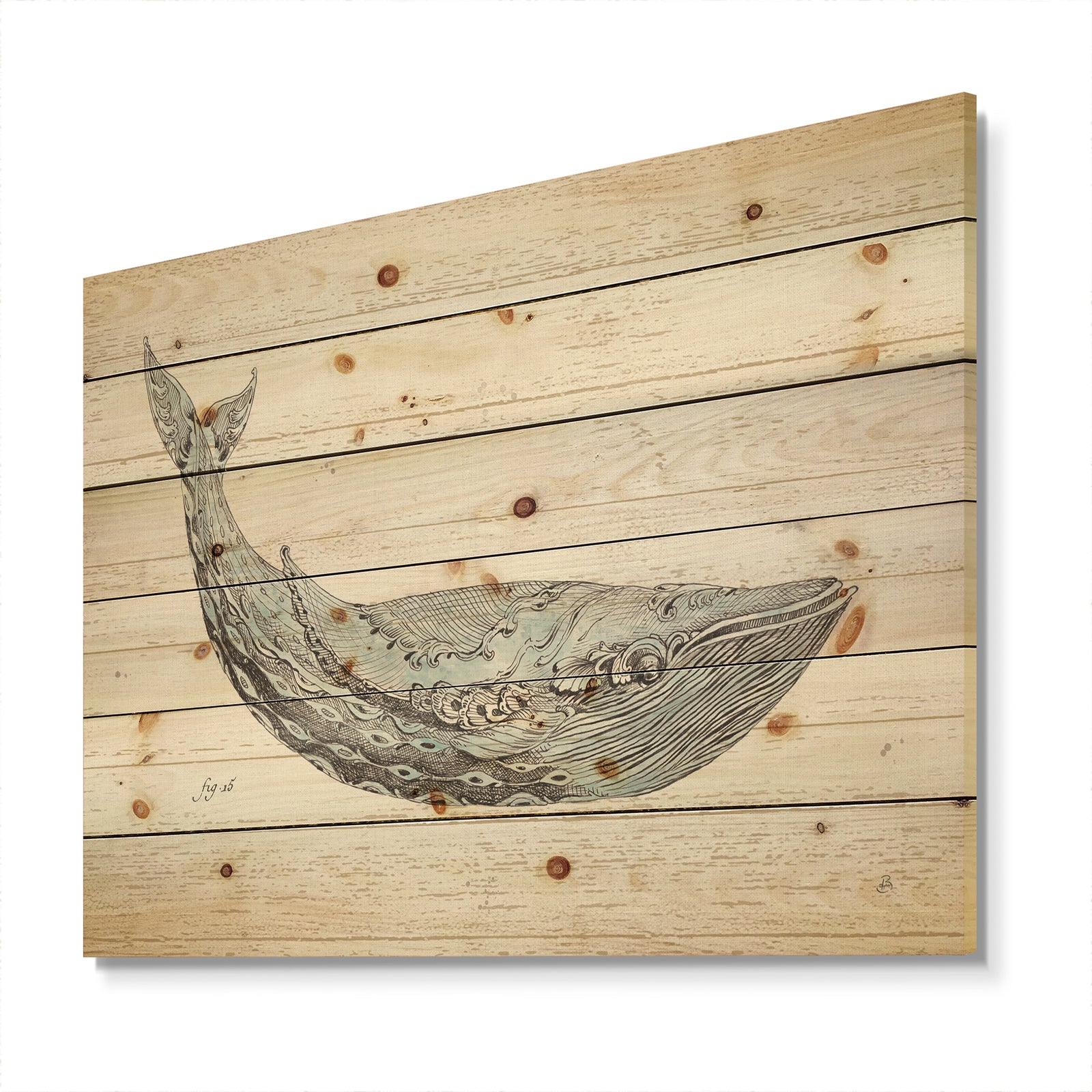 Blue Whale Watercolor - Nautical & Coastal Print on Natural Pine Wood