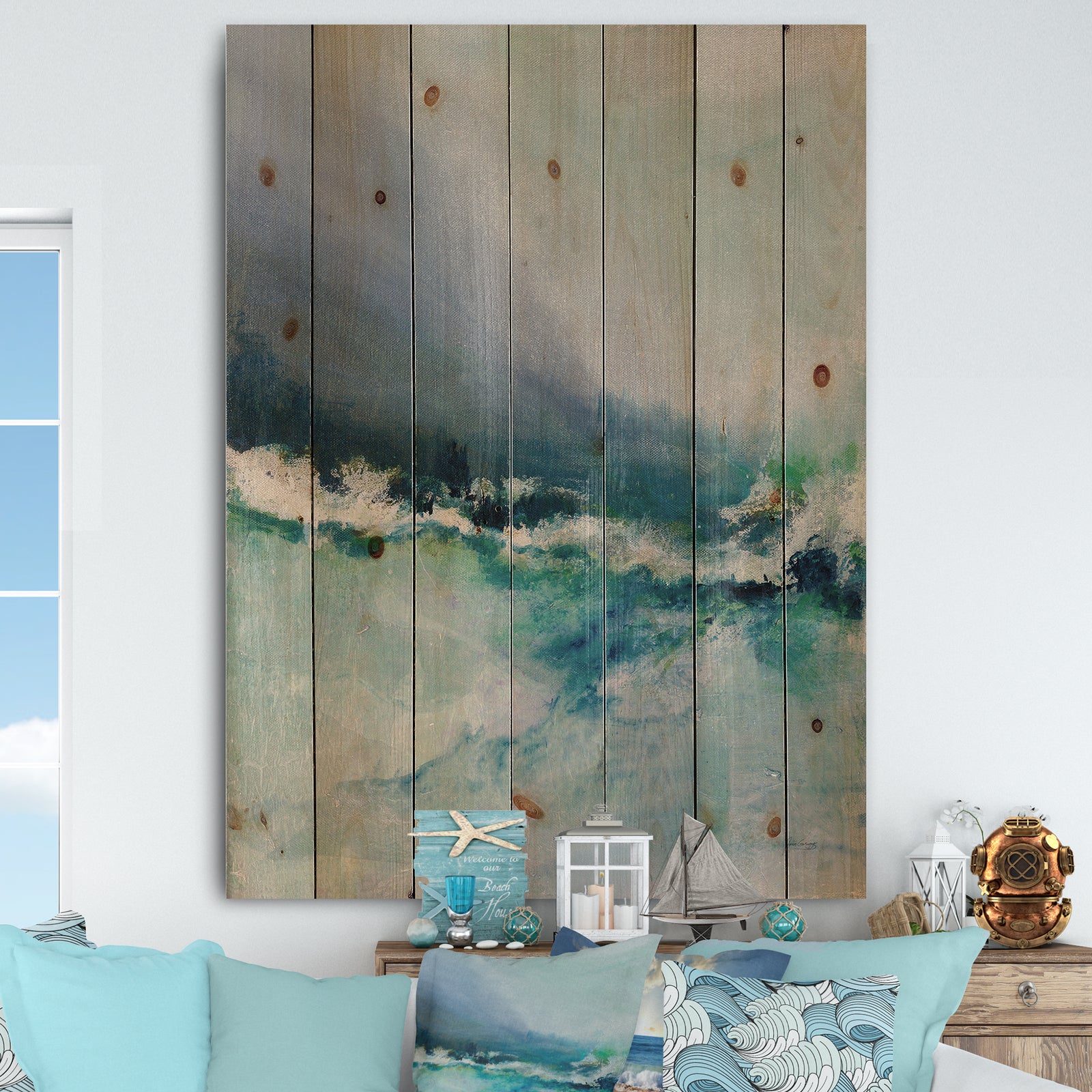 Indigo Abstract Watercolor Blue - Nautical & Coastal Print on Natural Pine Wood