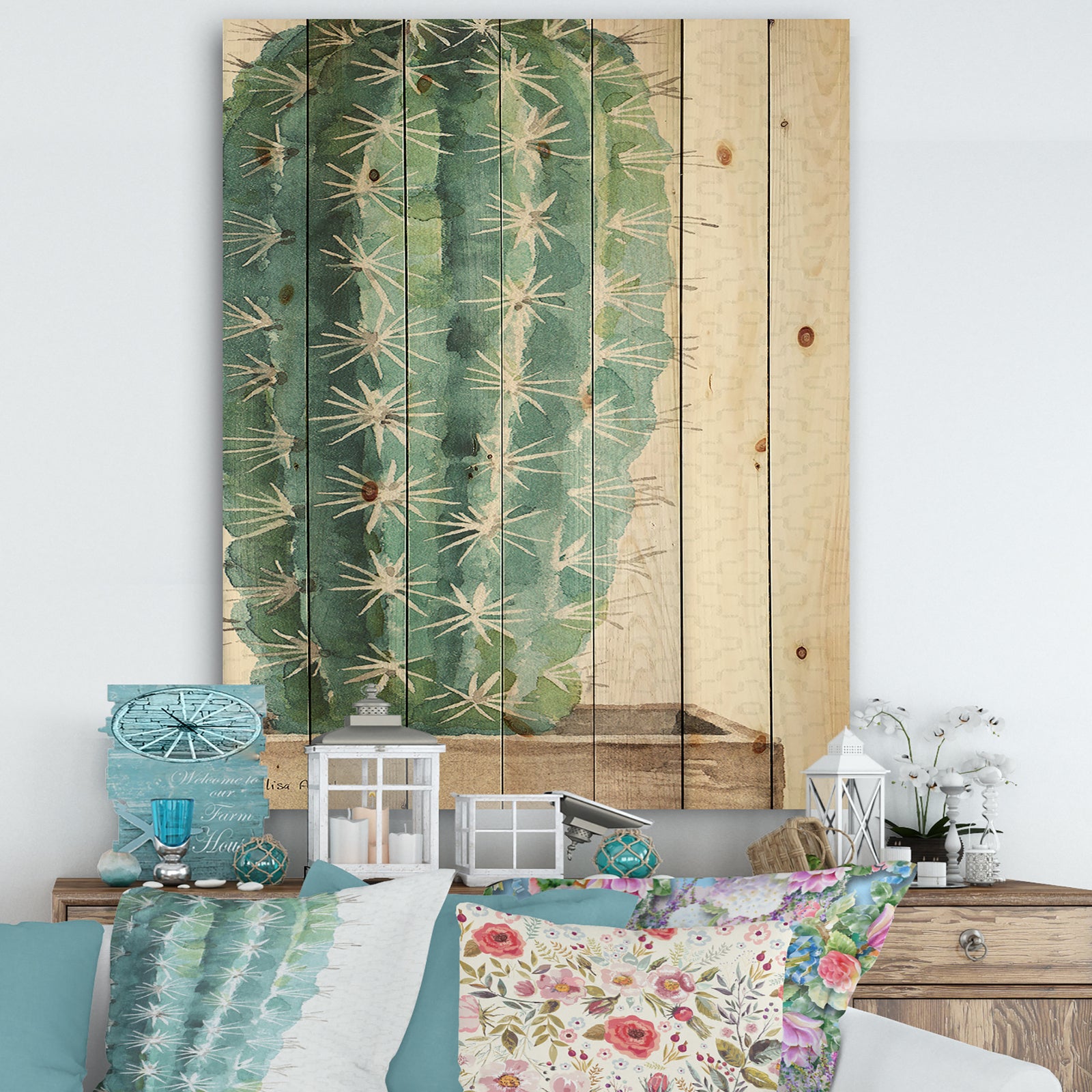 Mixed Green Element I - Cottage Print on Natural Pine Wood