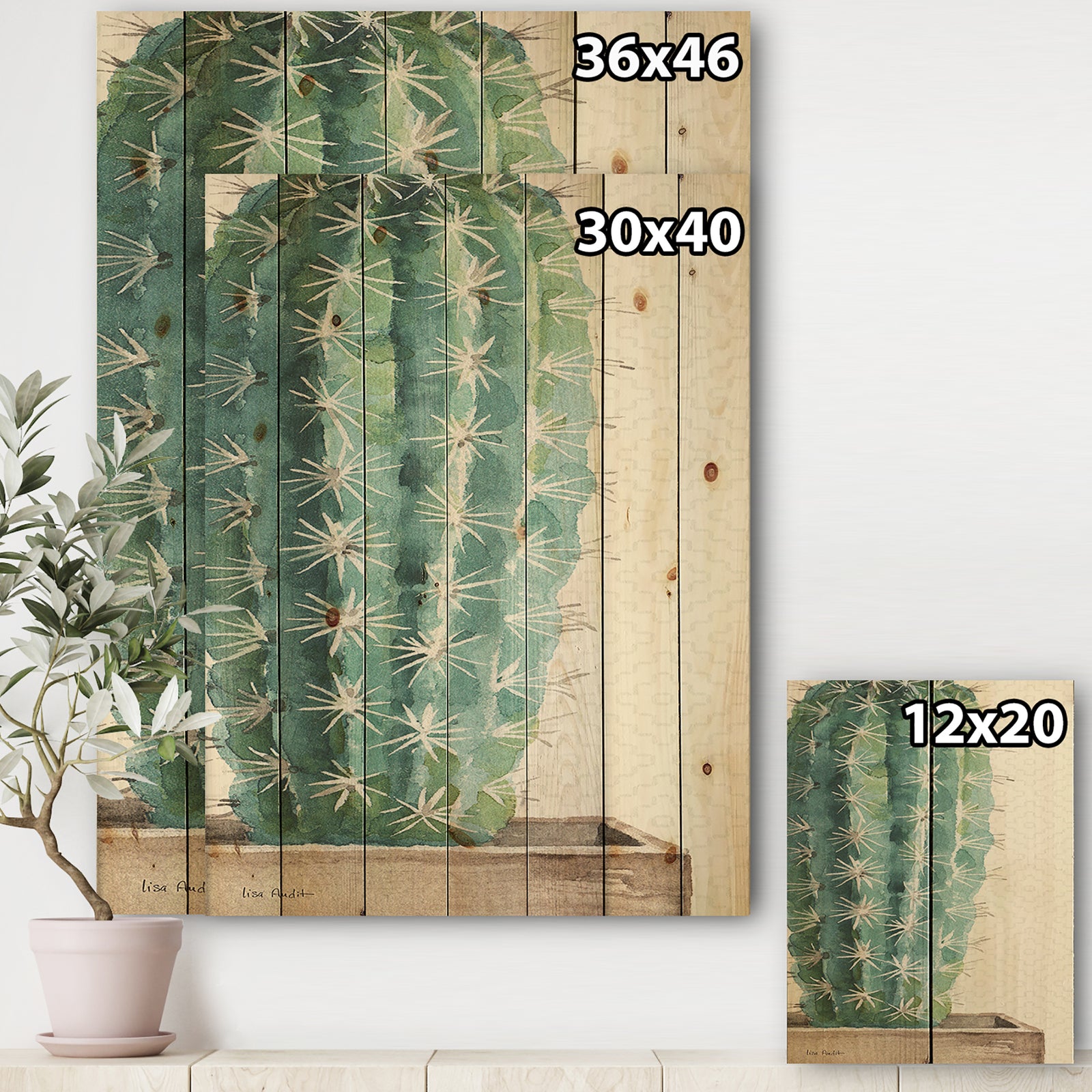 Mixed Green Element I - Cottage Print on Natural Pine Wood