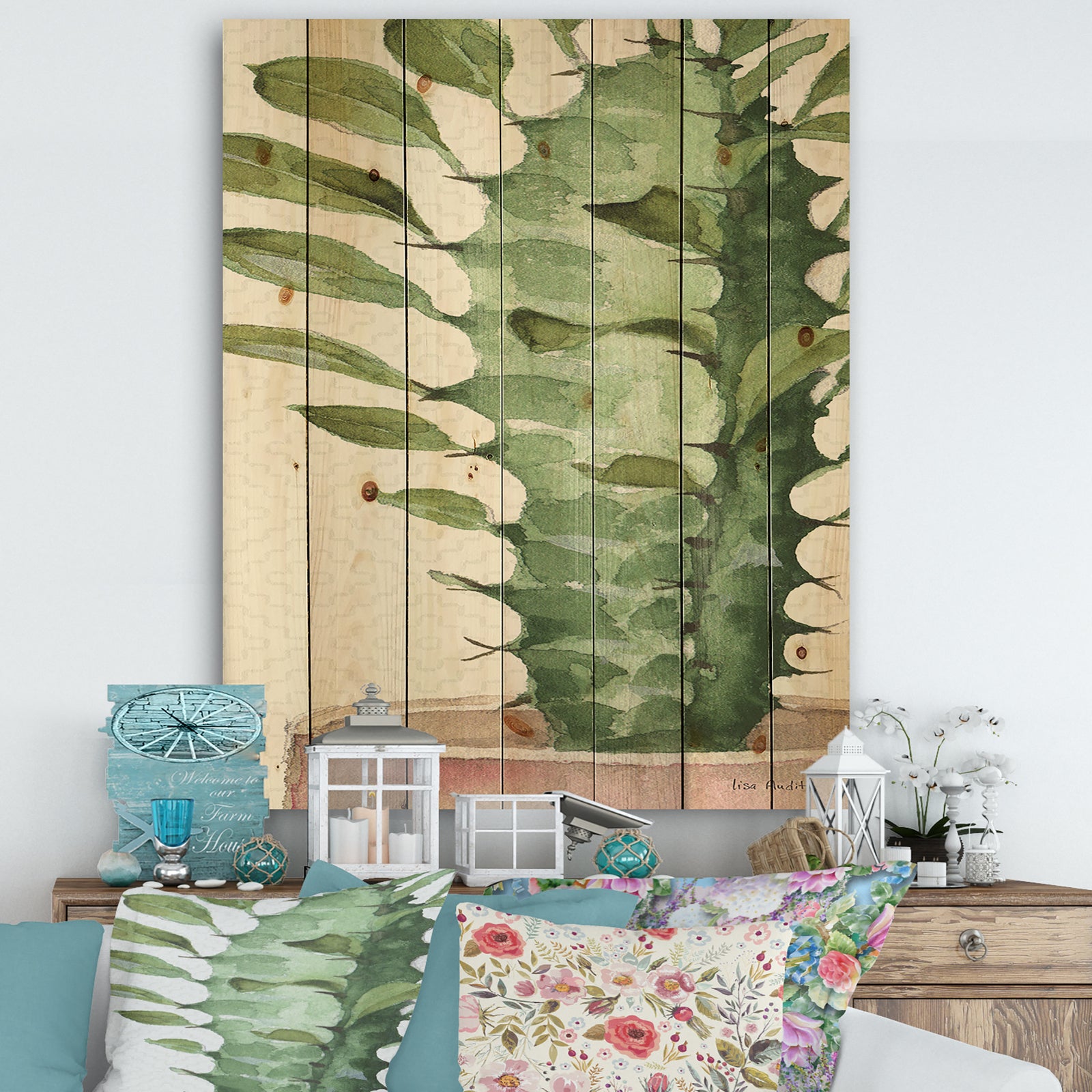 Mixed Green Element II - Cottage Print on Natural Pine Wood
