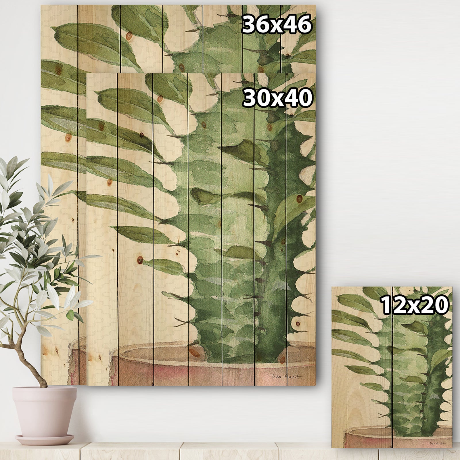 Mixed Green Element II - Cottage Print on Natural Pine Wood
