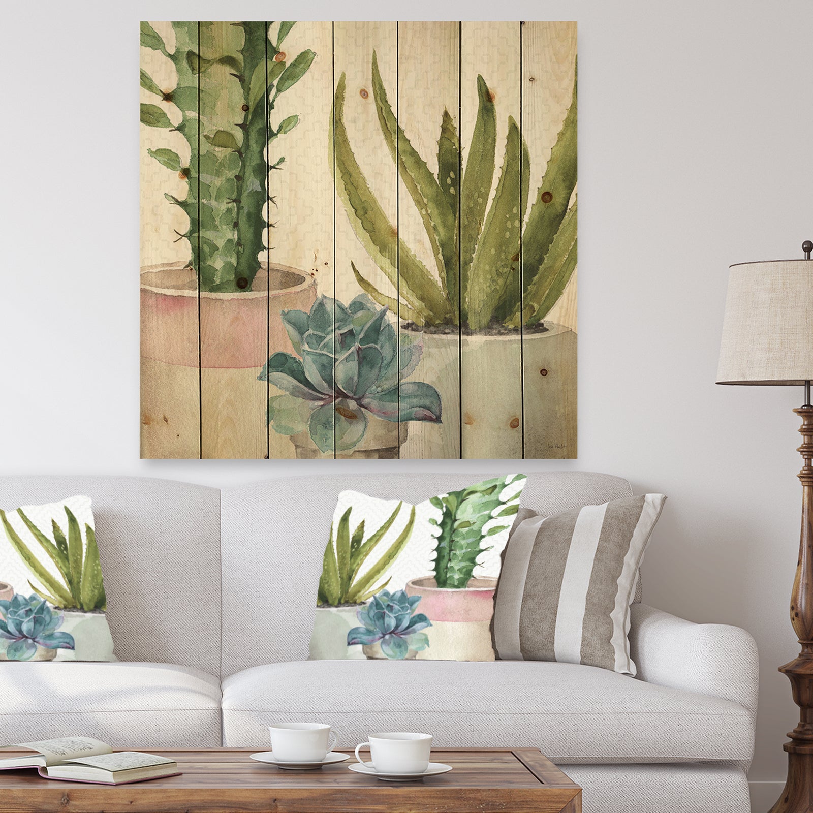 Mixed Green Element III - Cottage Print on Natural Pine Wood
