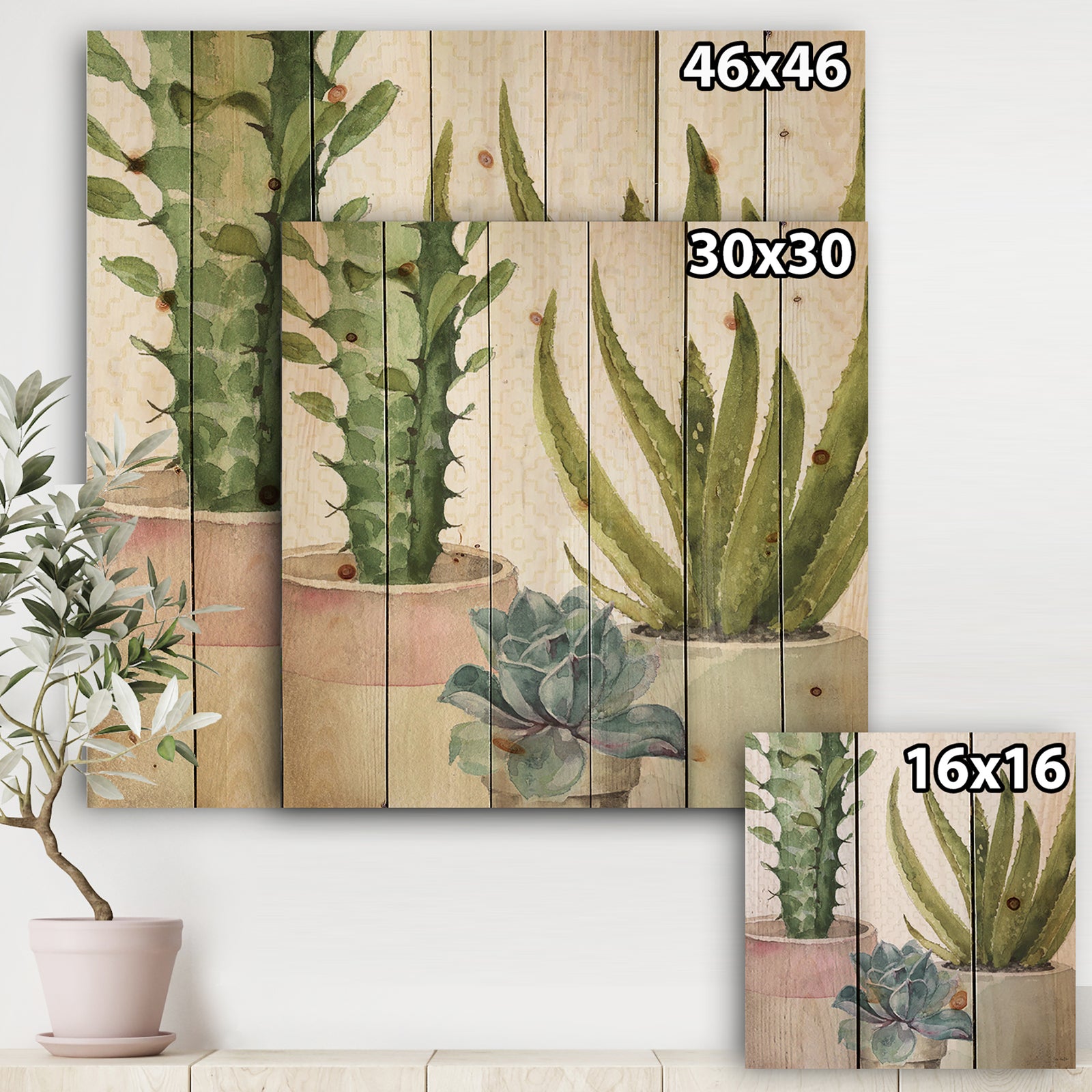 Mixed Green Element III - Cottage Print on Natural Pine Wood