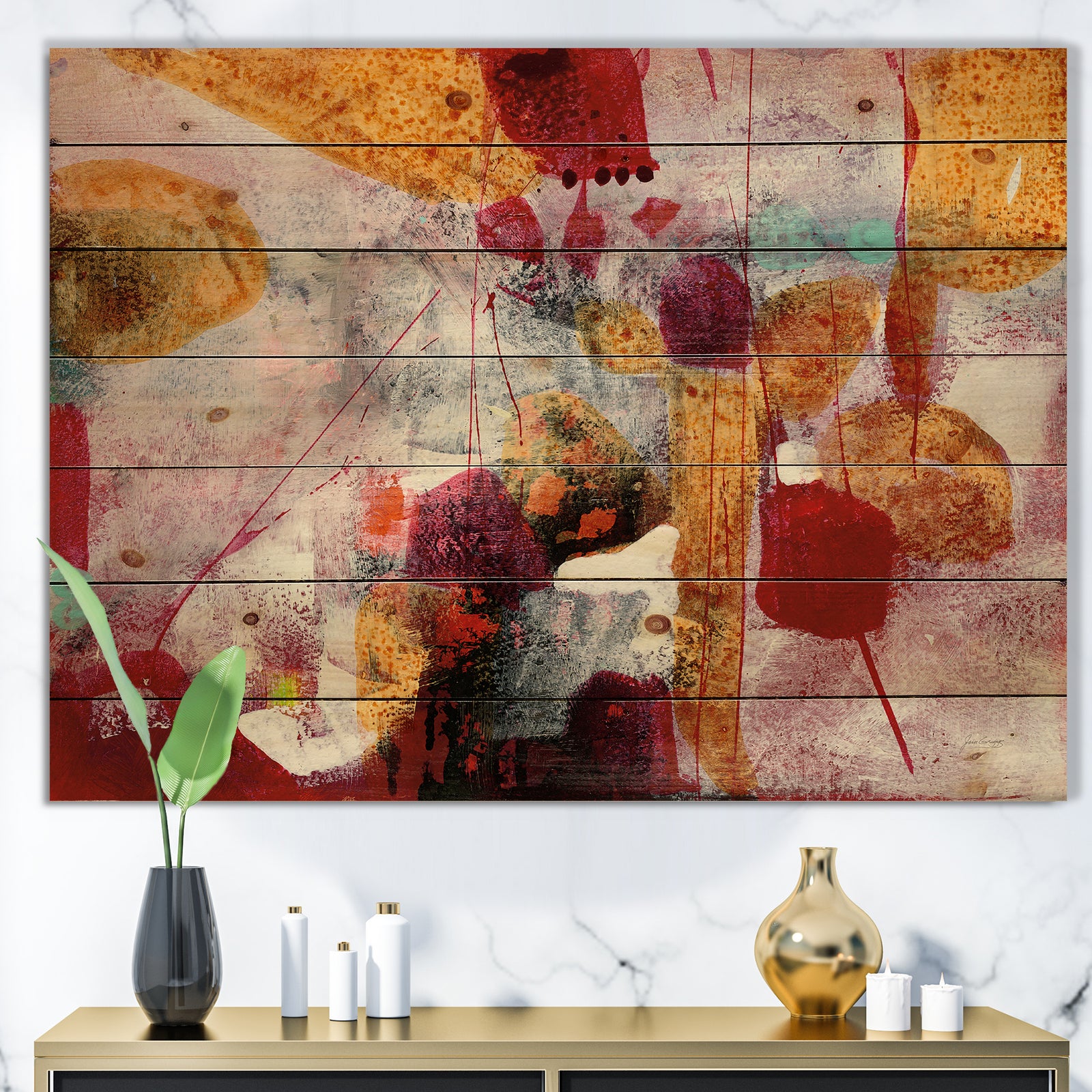 Abstract Watercolor with Red and Yellow - Contemporary Print on Natural Pine Wood