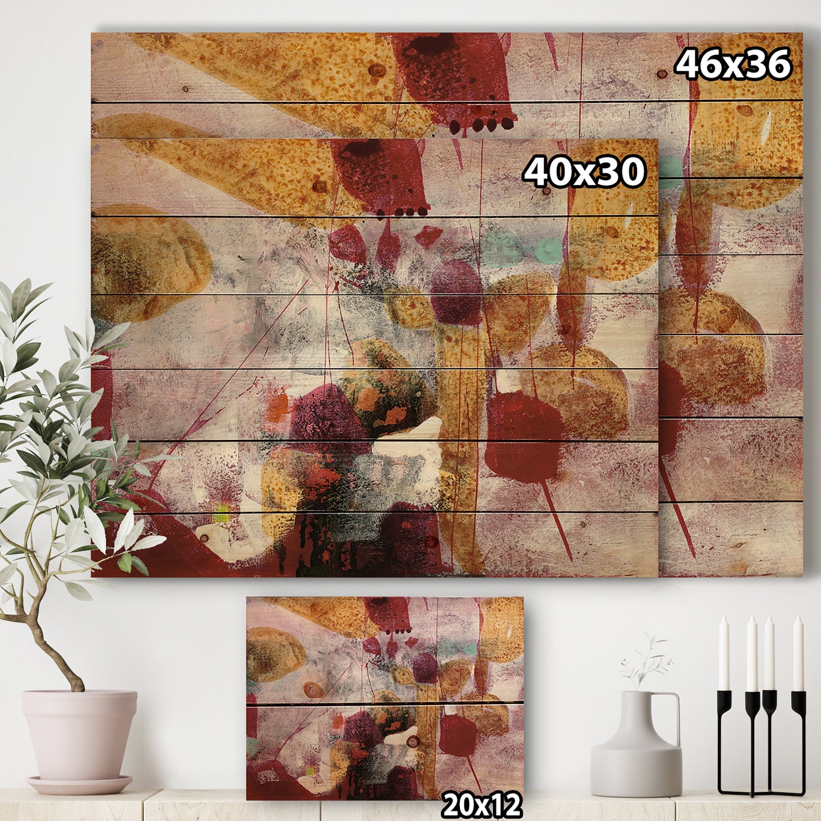 Abstract Watercolor with Red and Yellow - Contemporary Print on Natural Pine Wood