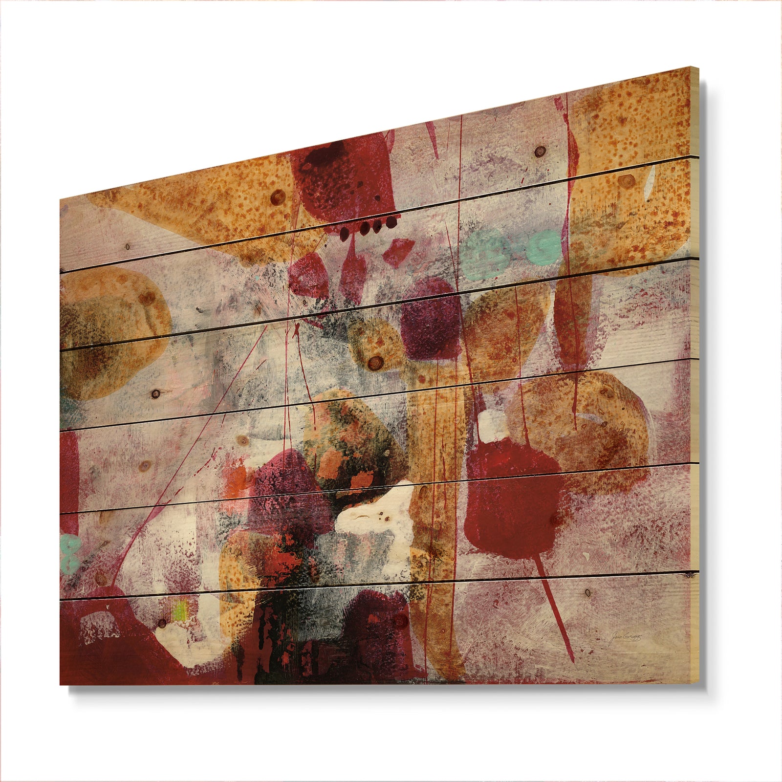 Abstract Watercolor with Red and Yellow - Contemporary Print on Natural Pine Wood