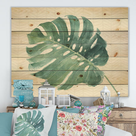 Mixed Botanical Green Leaves IV - Cottage Print on Natural Pine Wood